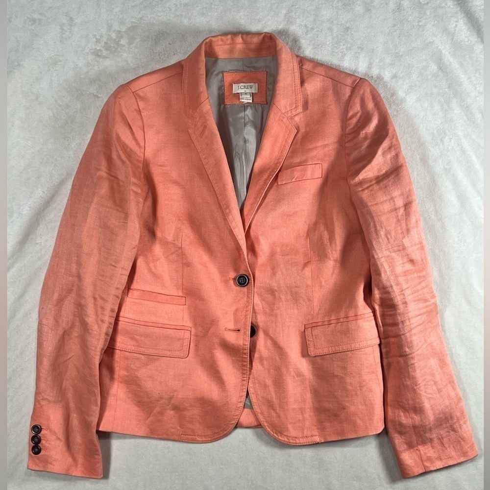J Crew Size 4 Coral 100% Linen Woman’s Blazer Sport Coat Chic Lightweight Pastel